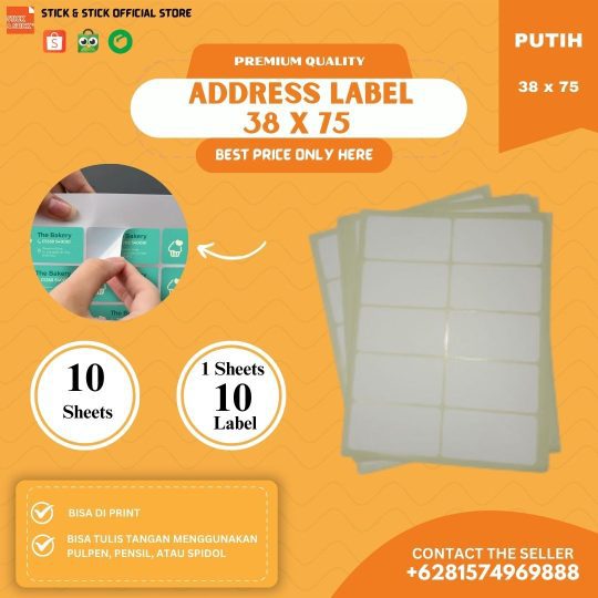 Sticker Self Adhesive Address Label 38x75 mm Tom Putih Polos Premium